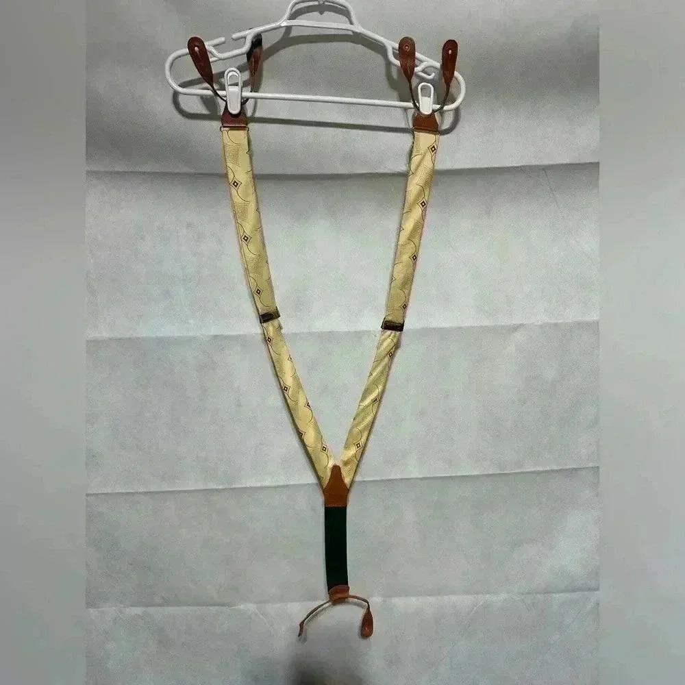 Vtg Polo Ralph Lauren Yellow Silk Brass Leather Suspenders Geometric Print Usa
